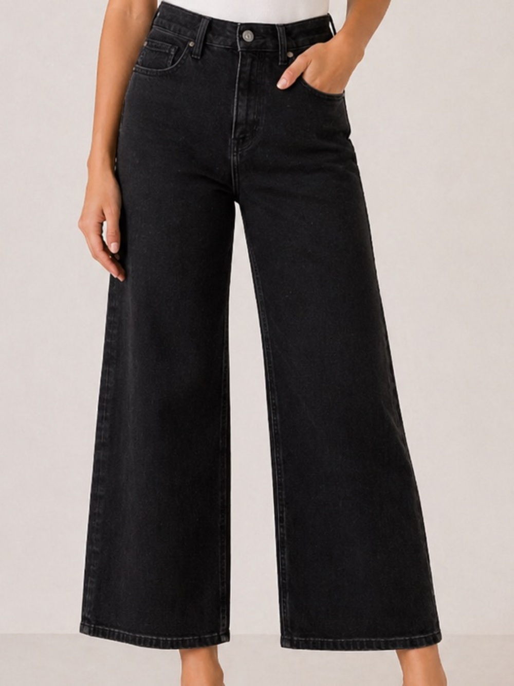 Quince Black Wide Leg Cropped Jeans Size 29 High Rise Stretch Denim